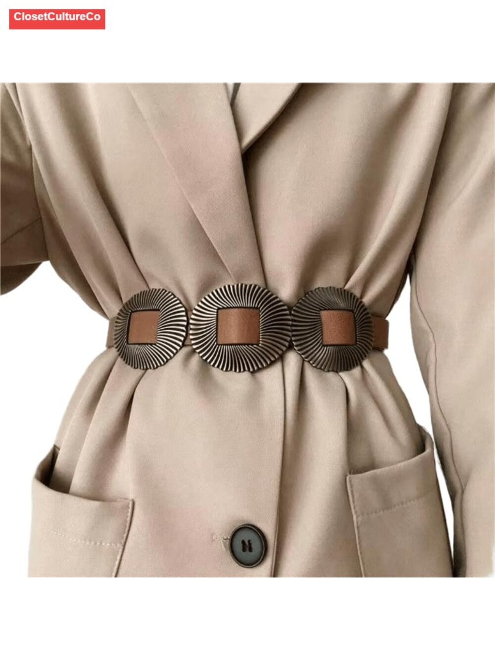 PU Leather Western Concho Belt Boho Adjustable Waist Belt for Dresses Jeans